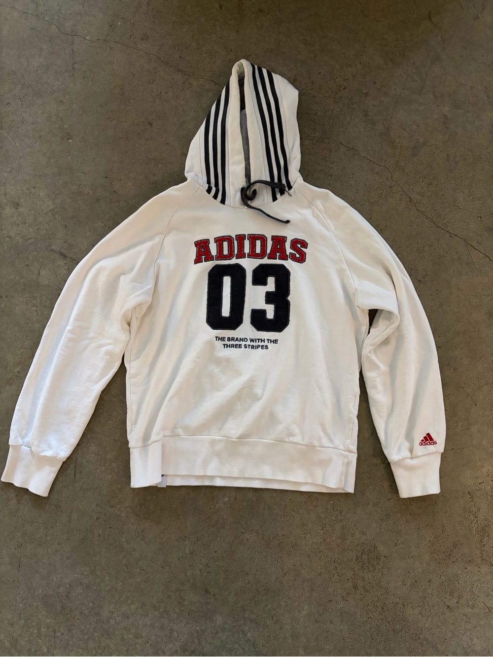 Vintage Adidas White Hoodie with Black Stripes and Red Logo